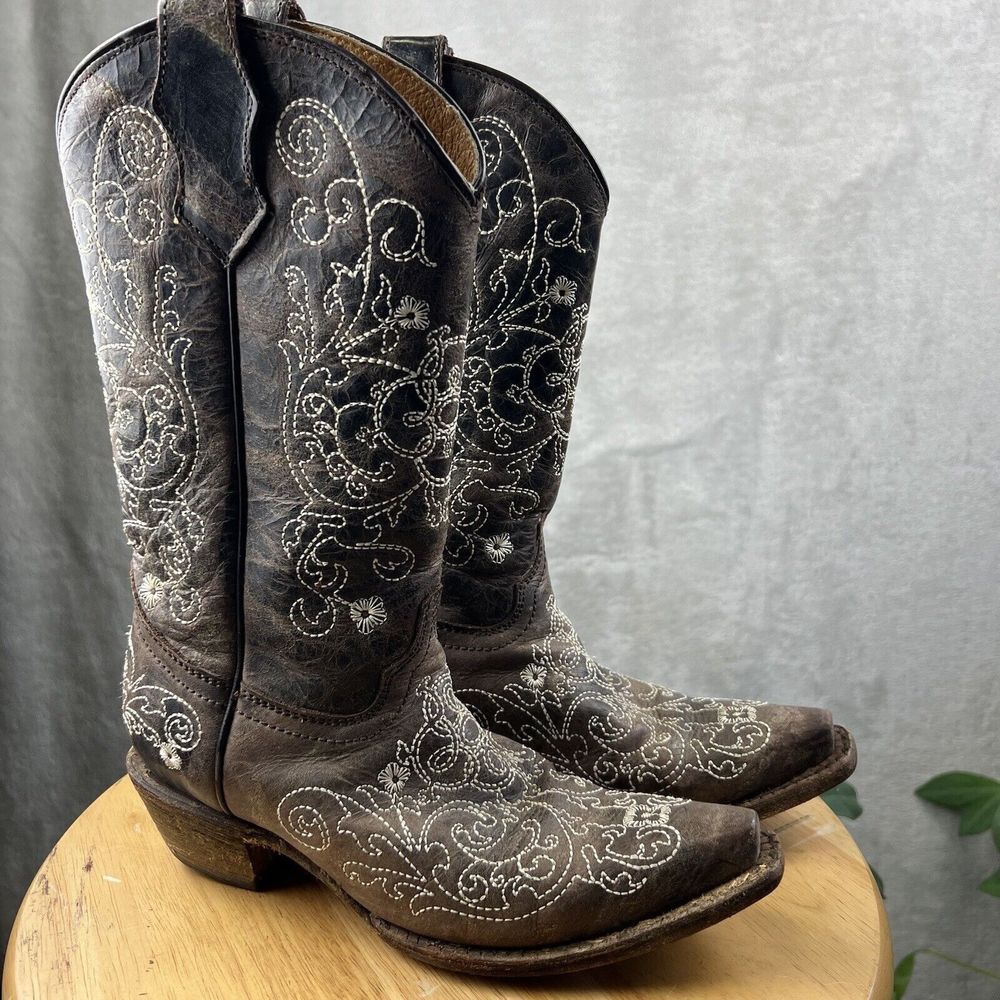 CORRAL Teens Youth Girls Size 2.5 T Leather Floral Snip Toe Cowboy Boots Brown